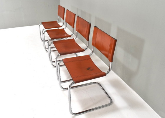 Image 1 of 4X Mart Stam S33 Chairs by FASEM in Chrome and Saddle Leather, Italy – 1970’s