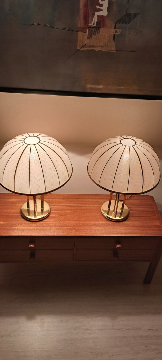 Image 1 of Pair of Hollywood Regency Brass Table Lamps with Pleated Dome Shades – Vintage 1970s – 50 cm