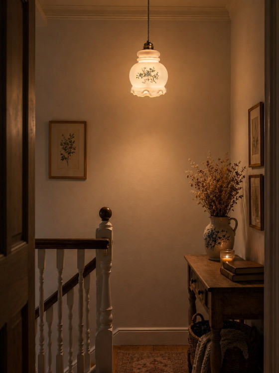 Image 1 of Lampada a sospensione in vetro opalino bianco e viola con motivo floreale