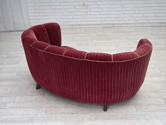 Image 1 of 1960s, Danish 2-seater "Banana" sofa, red furniture velour, oak wood.