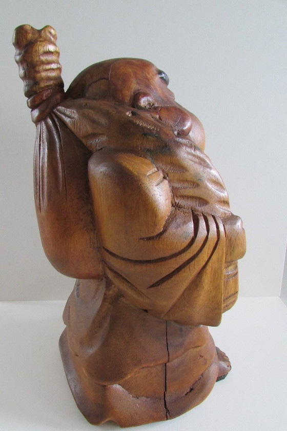 Image 1 of Hand-carved wooden statue of the Laughing Buddha