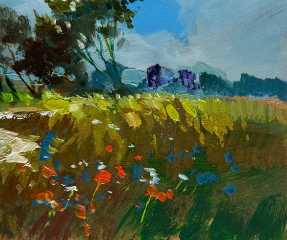 Image 1 of Original Oil Painting: Summer Field Landscape in the Flower Field