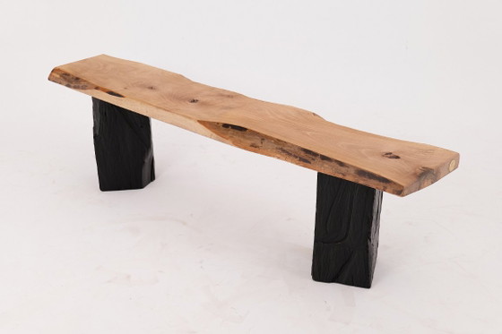 Image 1 of Live Edge Solid Wood Bench with Charred Legs, Organic Modern by Logniture