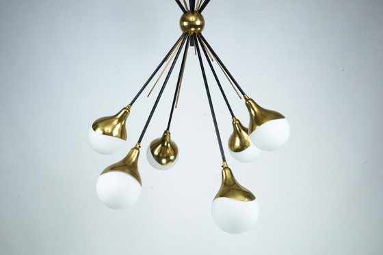 Image 1 of Mid-Century Italian 6-Arm Stilnovo Brass and opaline Glass Chandelier, 1950s