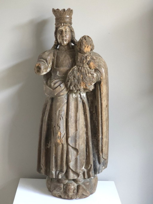 Monumental Estatua Antigua de Roble de la Virgen con el Niño – Siglo XVII (80 cm)