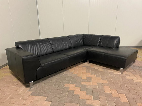 Image 1 of Canapé d'angle en cuir véritable noir – Assise large – Base solide