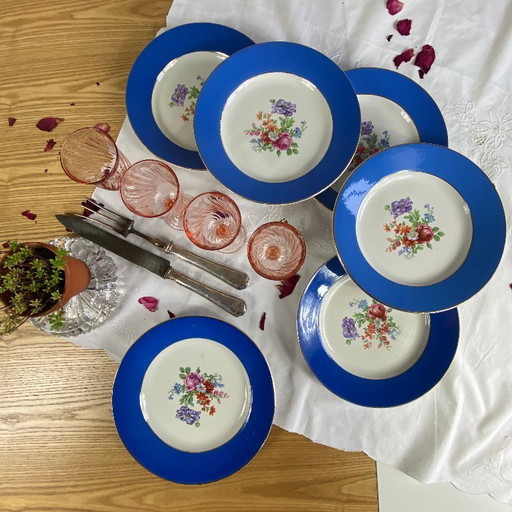 6 piatti da portata antichi in terracotta blu con decorazioni floreali e dorate, Saint Amand Hamage Orchies