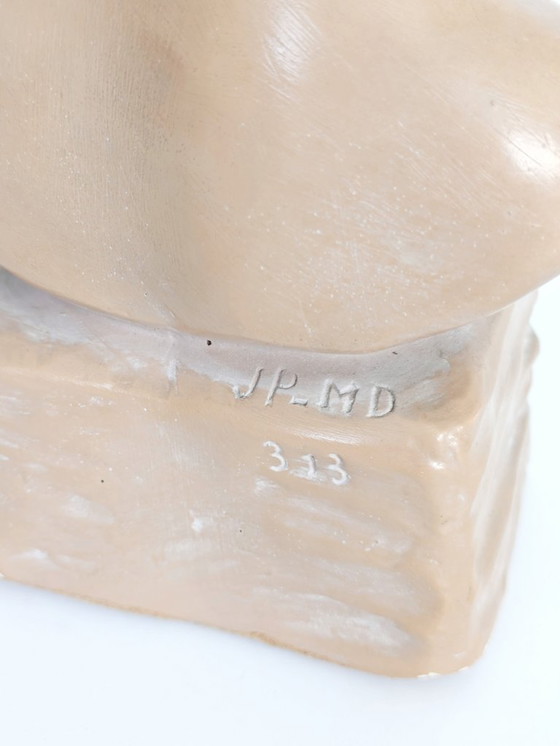 Image 1 of Vintage Young Girl Bust on Pedestal, After Salvatore Melani, Glazed Plaster Terracotta Patina, Signed