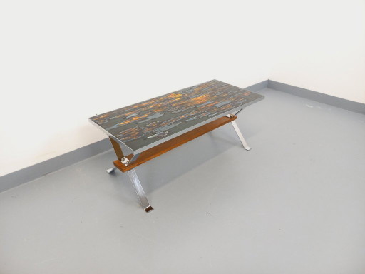 Vintage-Couchtisch aus den 60er und 70er Jahren aus Keramik, Chrommetall und Holz