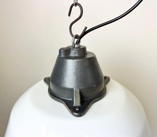 White Enamel and Cast Iron Industrial Pendant Light , 1960s