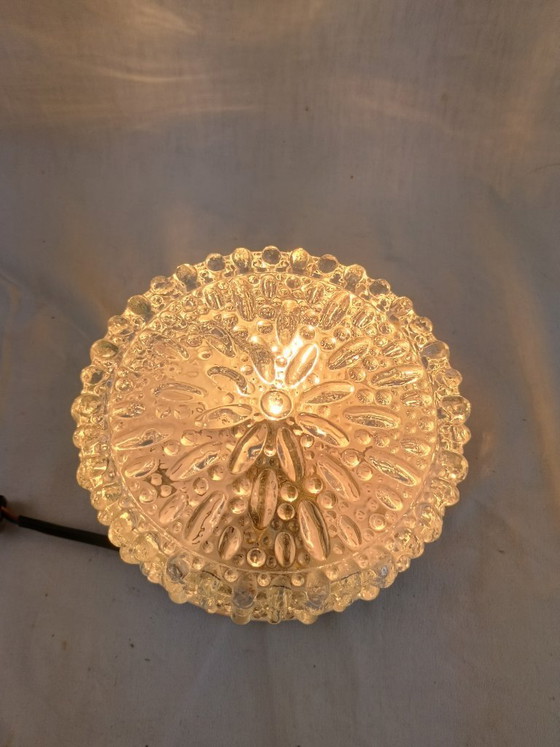 Image 1 of Vintage Glashütte Limburg 1960s Pressed Glass Ceiling Light - Textured Clear Glass Flush Mount Wall Sconce German Mid-Century