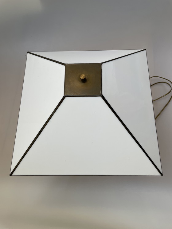 Image 1 of Vintage Art-deco Frank Lloyd Wright style opal stained glass lamp - glas-in-lood met messing