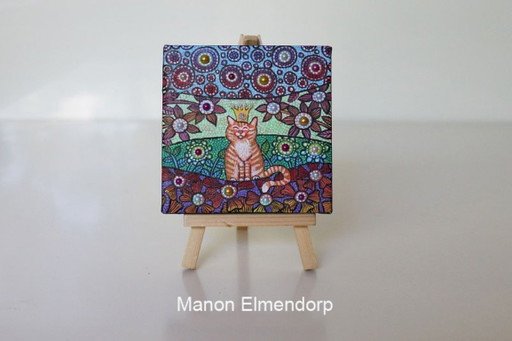 Unique Hand-Painted Painting including Little Donkey and Red Cat