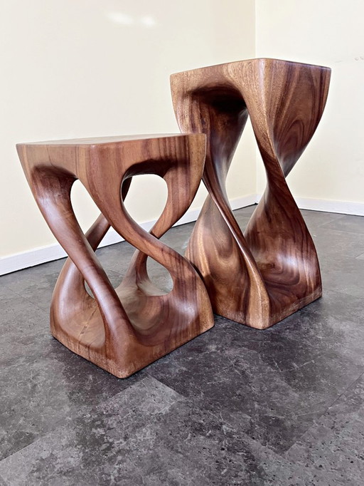 Sgabello CONGO, tavolino laterale di Lambert, in legno massello, set da 2