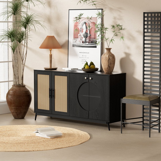 Image 1 of Credenza nera Urban Meuble con ante in vetro in rattan, anta semicircolare 160*40*80cm VELZU