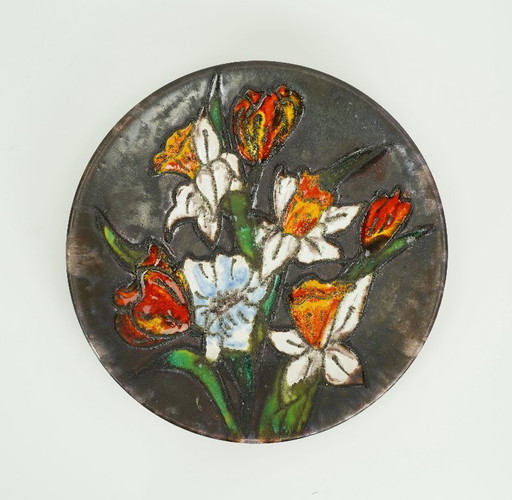 Assiette murale vintage Ruscha années 1960-1970, bol en lave épaisse, fleurs orange et blanches