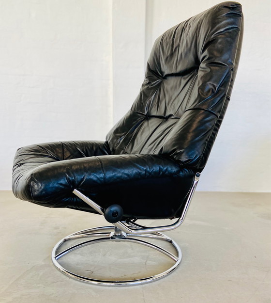 Image 1 of Vintage Deense Retro Mid Century Zwart Leren Stressless Bureaustoel 1970,S