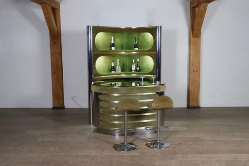 Mobile bar in pelle scamosciata e cromo con sgabelli da bar in verde di Willy Rizzo, Italia anni '70