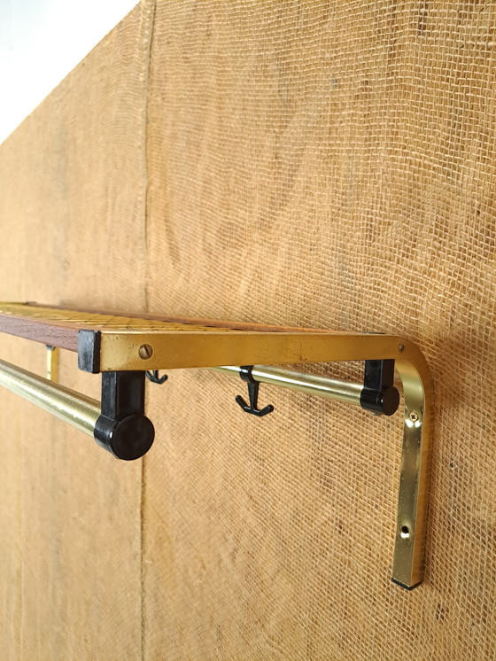 Image 1 of Coat Stand Habo From Sweden Gold Color With Teak And Shelf No. 2