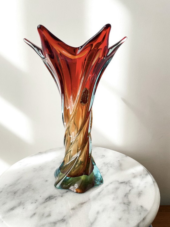 Vintage Murano Gedraaide Glazen Vaas Rood Amber Blauw, jaren 60 Chambord Fratelli Toso – Vazen, Glass (photo 4 of 9)