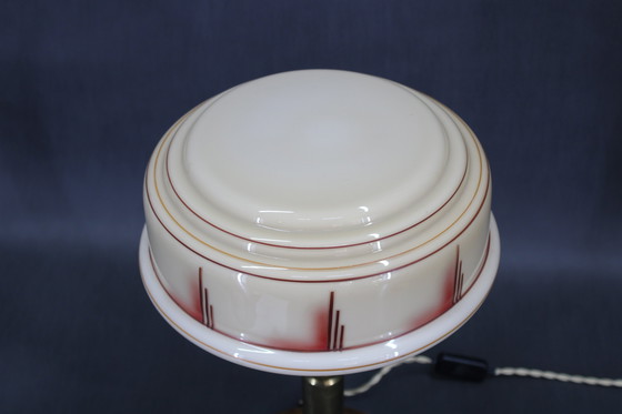 Image 1 of 1940s Restored Brass Table Lamp with Wooden Base and Glass Shade