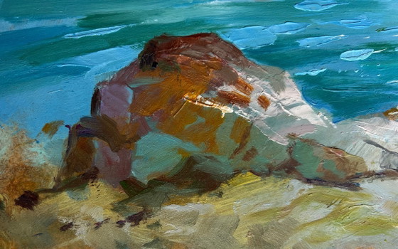 Image 1 of Originales Ölgemälde: Küstenlandschaft mit Möwen und felsigem Ufer im Meer
