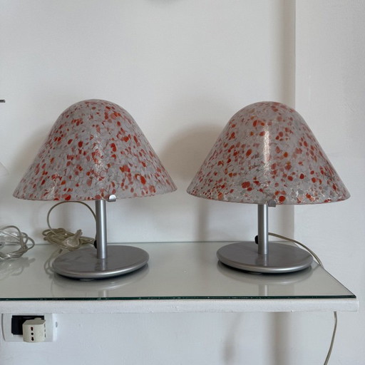 Pair of Mushroom Lamps AV Mazzega Murano 1970s Vintage Spotted Red Lampshade – tafellampen, Murano Glass