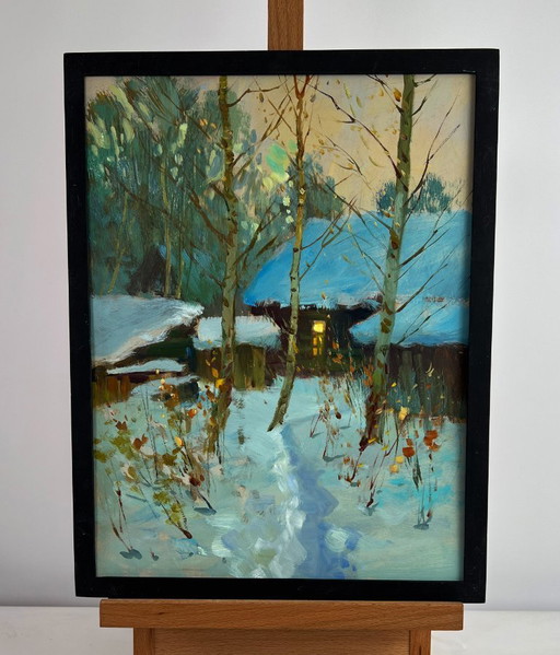 Original Oil Painting Snow Village Landscape Enjoying the winter sunset