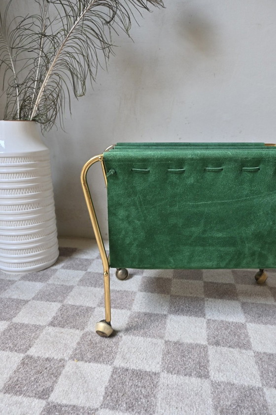 Image 1 of Brass Lectern on wheels, green suede upholstery
