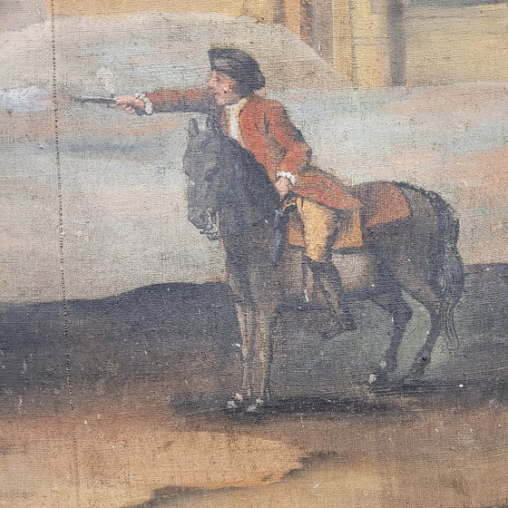 Image 1 of Watercolor painting on linen “Duel of Knights”, French School, 18th century – France