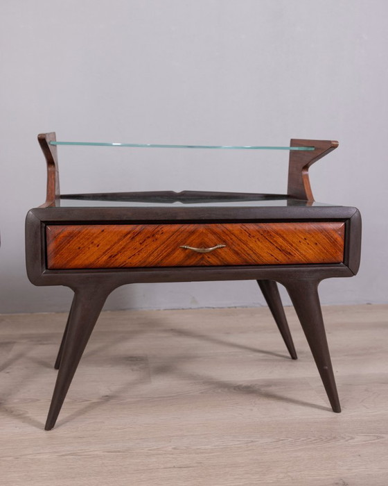 Image 1 of COPPIA DI COMODINI VINTAGE ANNI 50 IN LEGNO E VETRO DESIGN ITALIANO