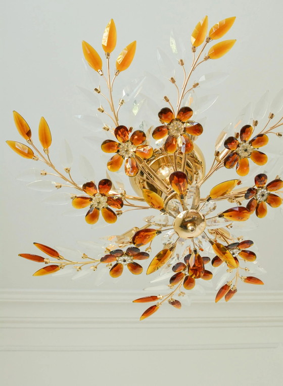 Large Amber Crystal Flower Chandelier, Maison Baguès Style, 8-Light, 1970s – Glass, Mid Century Modern (photo 4 of 10)