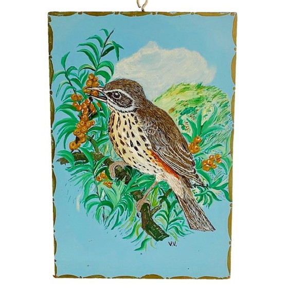 Image 1 of Pittura d'uccello d'epoca pittura ad olio passero