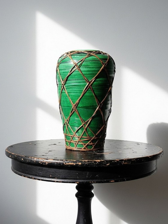 Image 1 of Antique Japanese green ceramic vase with Awaji Yaki bamboo lacing, 1900-1930