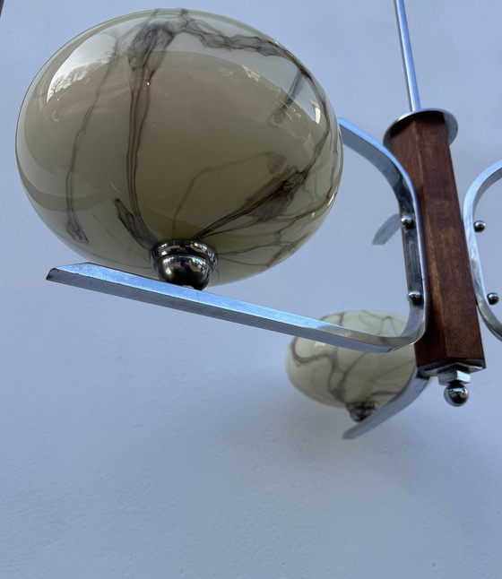 Image 1 of Lampadario Art Déco in cromo e vetro opalino marmorizzato