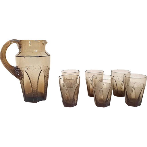 Servizio vintage Art Déco arancione in vetro pressato stampato fumé marrone