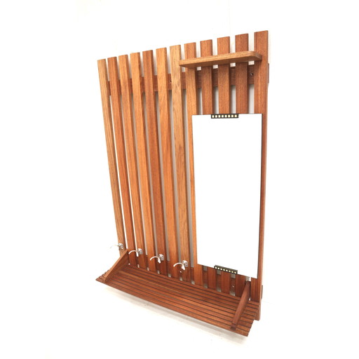 Large vintage coat rack with teak mirror and rack