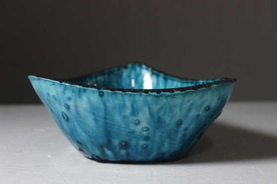 Image 1 of Accolay - Turquoise & black glazed ceramic fruit bowl, France, 1950s