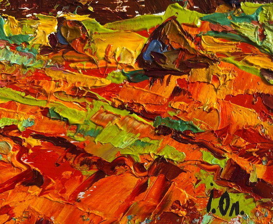 Image 1 of Original Oil Painting Autumn Field Landscape Golden haystacks