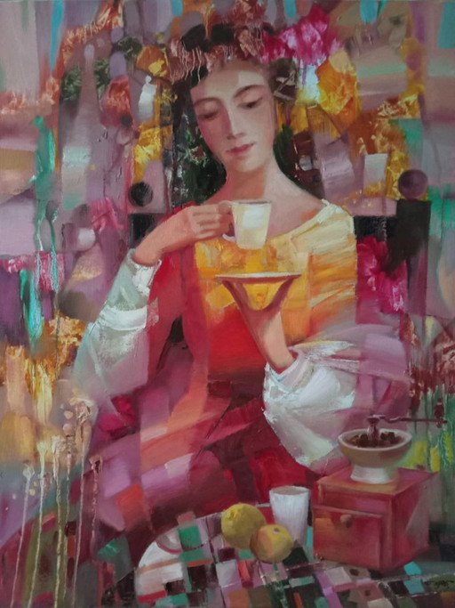 Peinture à l'Huile Originale Figurative Abstraite Fille Une Tasse de Café