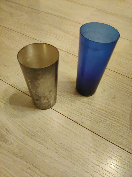 Image 1 of Silver plated sleeve with blue glass long drink glass