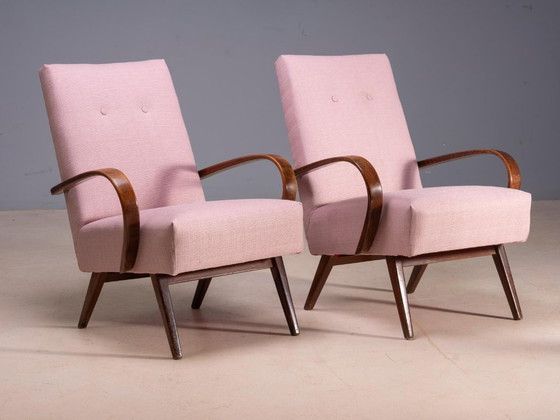 Fauteuils restaurés en bois courbé par Jaroslav Šmídek, paire, Tchécoslovaquie, nouveau revêtement rose, 61 × (photo 3 of 8)