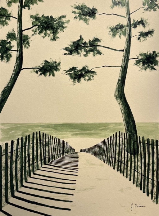 Olivgrüne Tinte auf 250 g Naturpapier. Größe 40 x 30 cm.