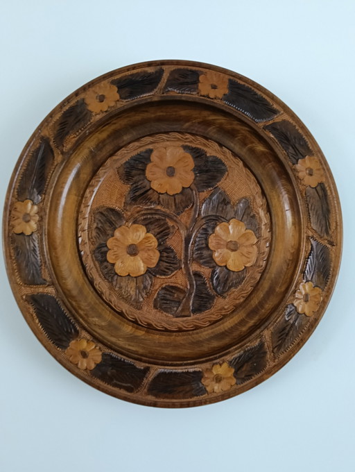 Large hand-carved wooden wall plate/dish 44 cm – wanddecoratie