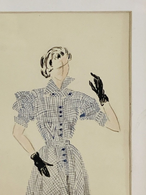Image 1 of Mid-Century, Signed, Framed, “Robe Ecossaise” Pencil Sketch on Paper by Berthe Duquaine, 1950's