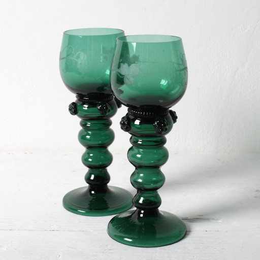 Lot de 2 Verres à Vin en Cristal Vintage Vert Émeraude Remmare Motif Raisin / Allemagne / Années 1960