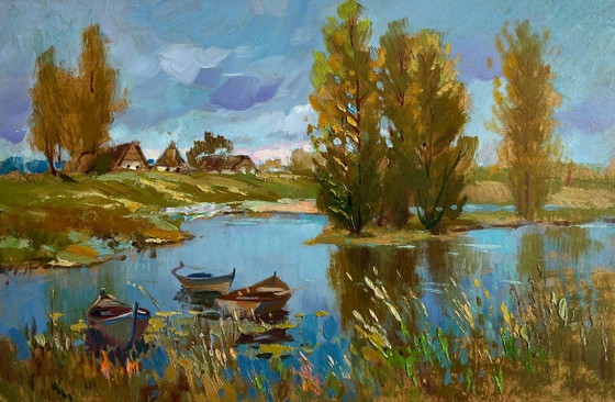 Image 1 of Origineel olieverfschilderij: Kustdorplandschap - Er stroomt een rivier vlakbij het dorp.