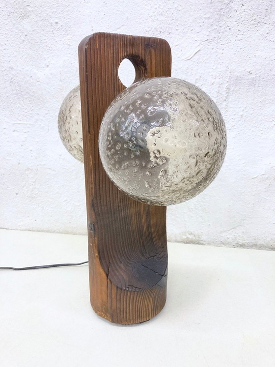 Image 1 of Tischleuchte von Temde aus Holz und Glas zweiflammig 70er brutalistischer Stil