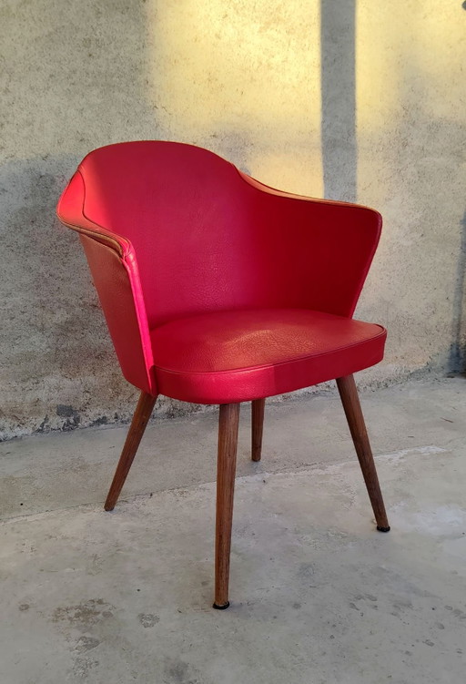 Sillón cóctel de madera y molesquín rojo - años 60