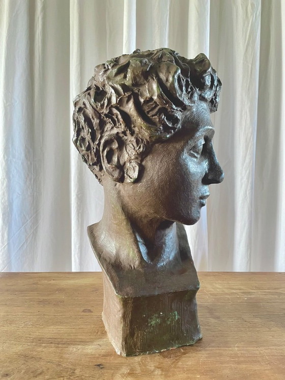 Image 1 of Terracotta bust with a bronze patina, inspired by antiquity, signed